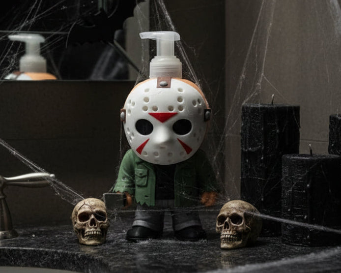 A collectible figure with a white hockey mask, green jacket, and black shoes, featuring a white pump dispenser on its head and a knife in one hand, set against a white studio backdrop.