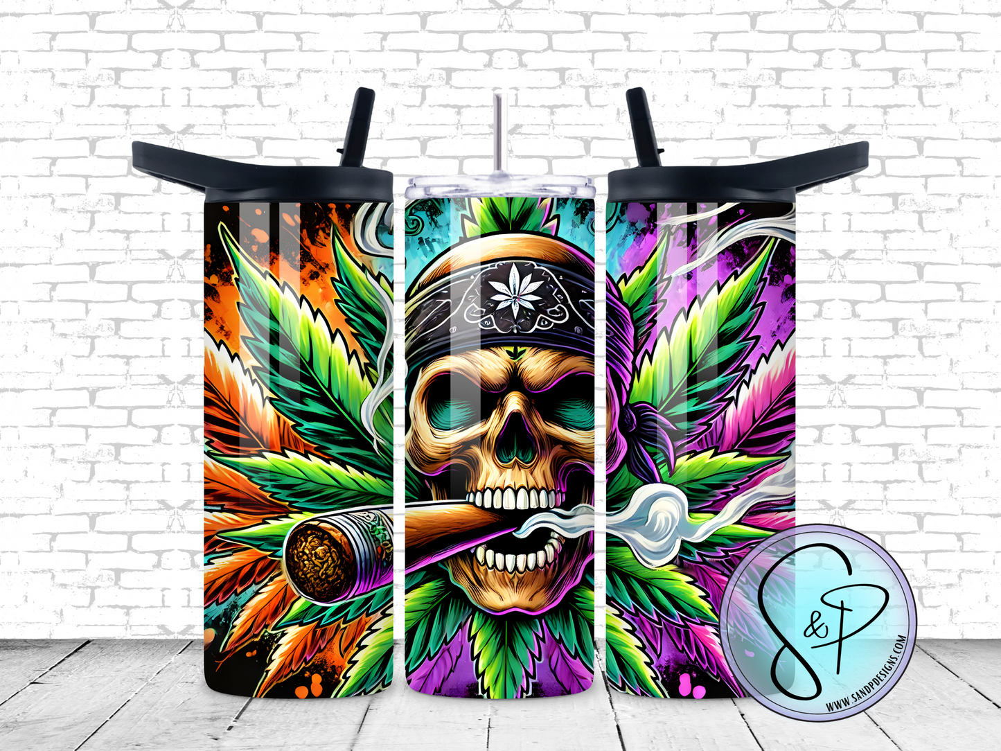 Skull smoking weed neon colors - 20oz.