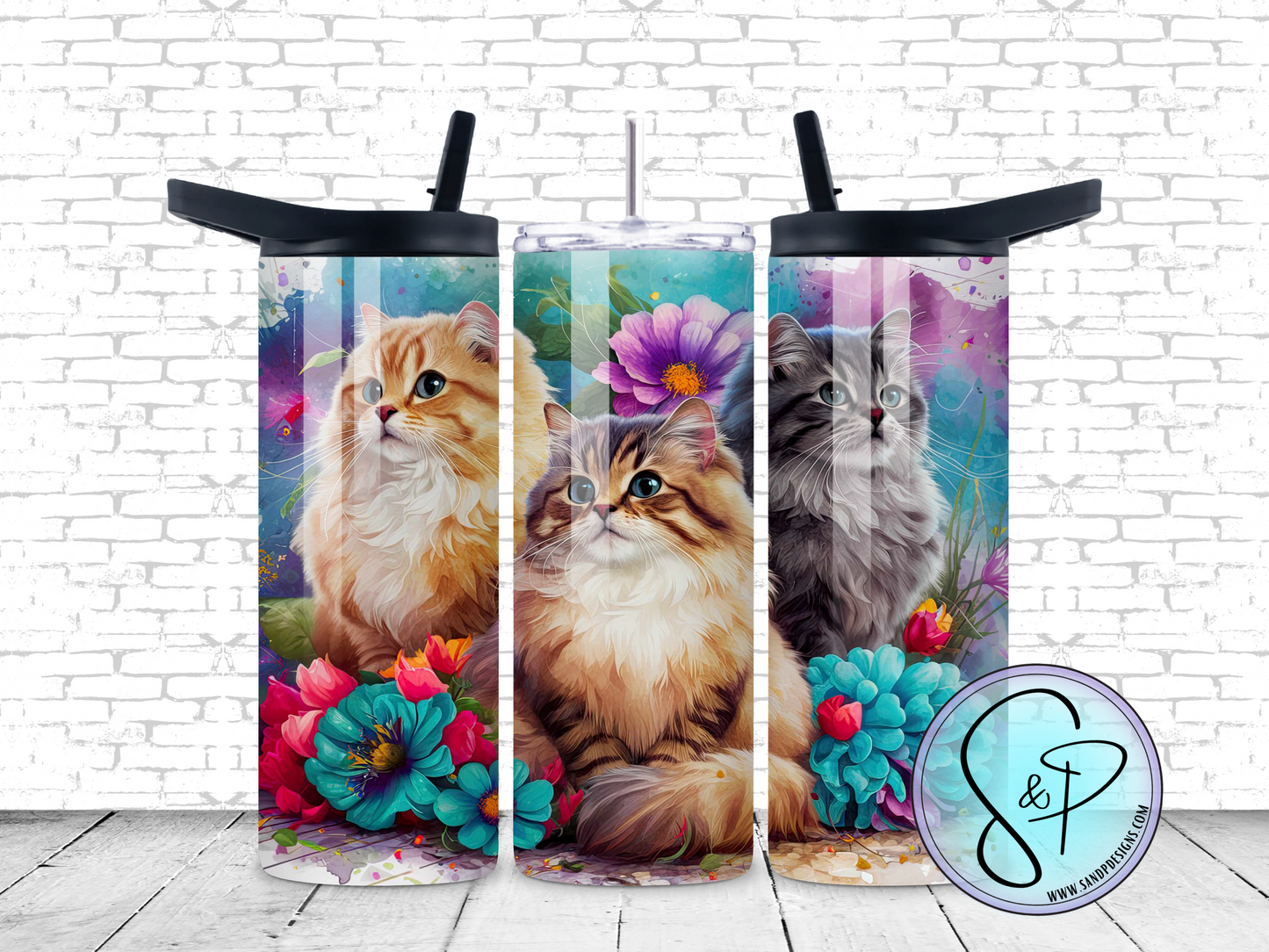 Mutiple Cats with Flowers - 20 oz