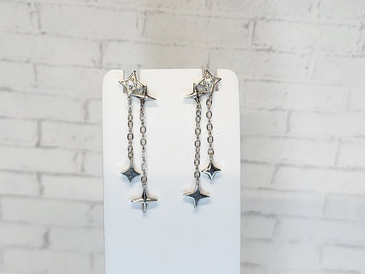 Sterling Silver Earrings E03 White Dangle Stars