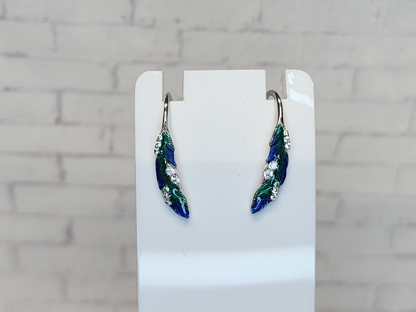 Sterling Silver Earrings E08 Blue and Green Feather dangles