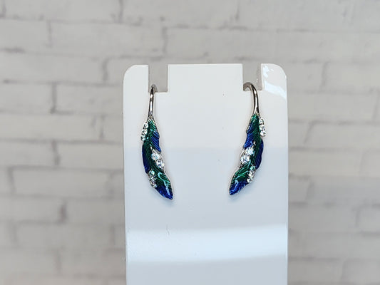 Sterling Silver Earrings E08 Blue and Green Feather dangles