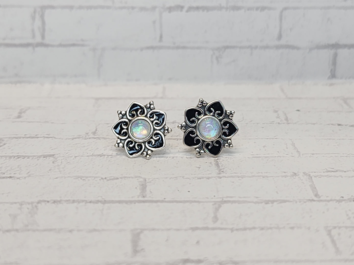 Sterling Silver Earrings E13 Black Flower with opal center Studs