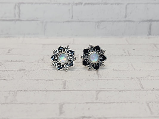 Sterling Silver Earrings E13 Black Flower with opal center Studs