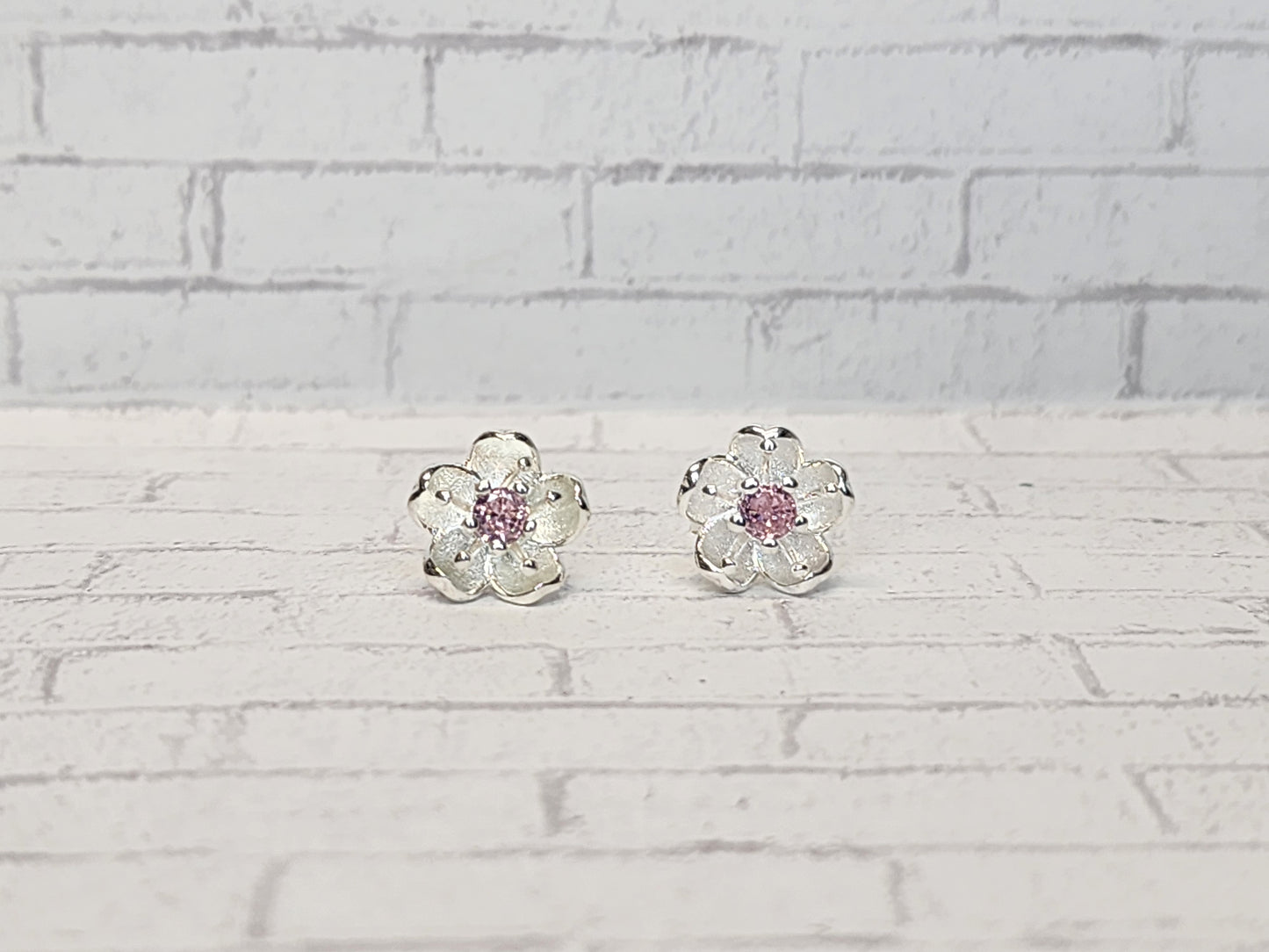 Sterling Silver Earrings E19 Pink Flower Stud