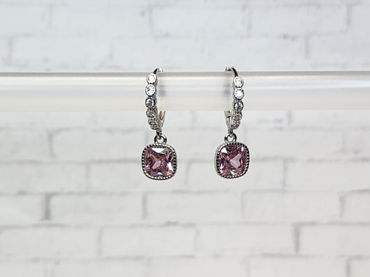 Sterling Silver Earrings E22 Pink Hoop Dangles