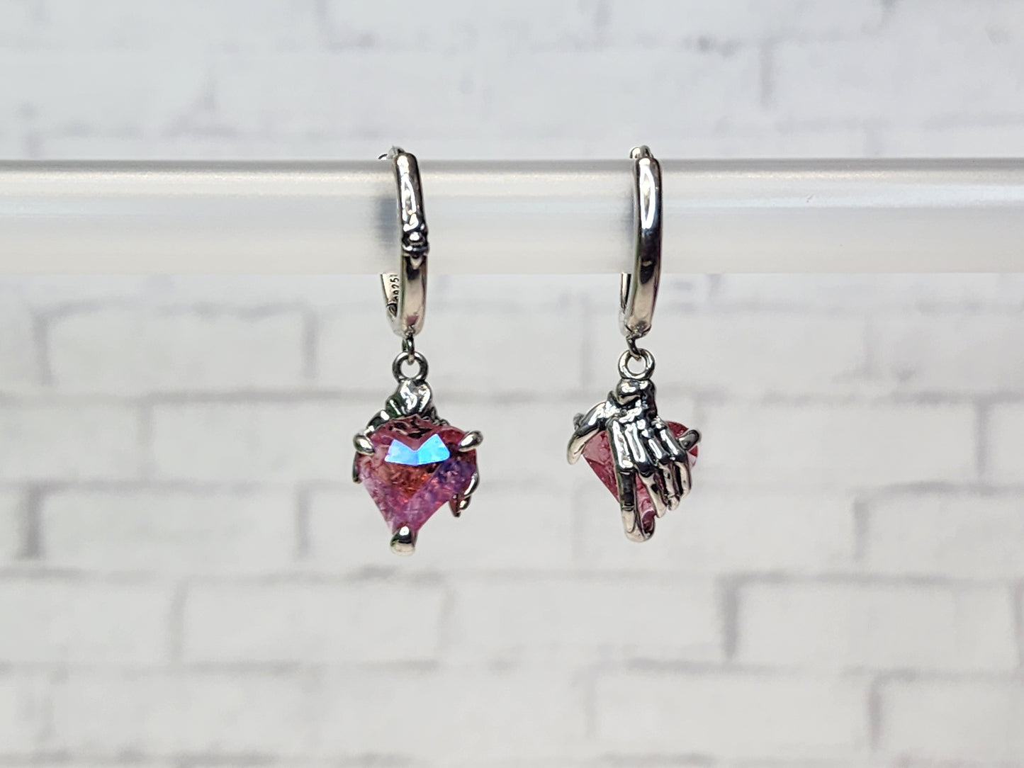 Sterling Silver Earrings E25 Hoop Clasp Pink Hearts with Skull Hand