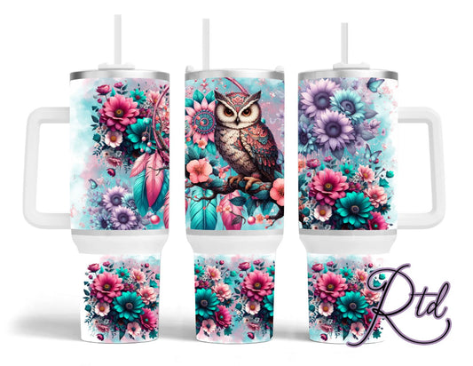 Owl With Pink and Blue Flowers - 40 oz.