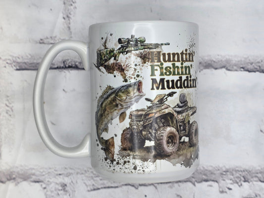 Huntin' Fishin' Muddin' (White) - 15 oz MUG