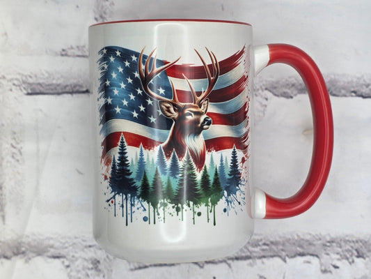 American Flag with Buck and Pine Trees (Red) - 15 oz MUG