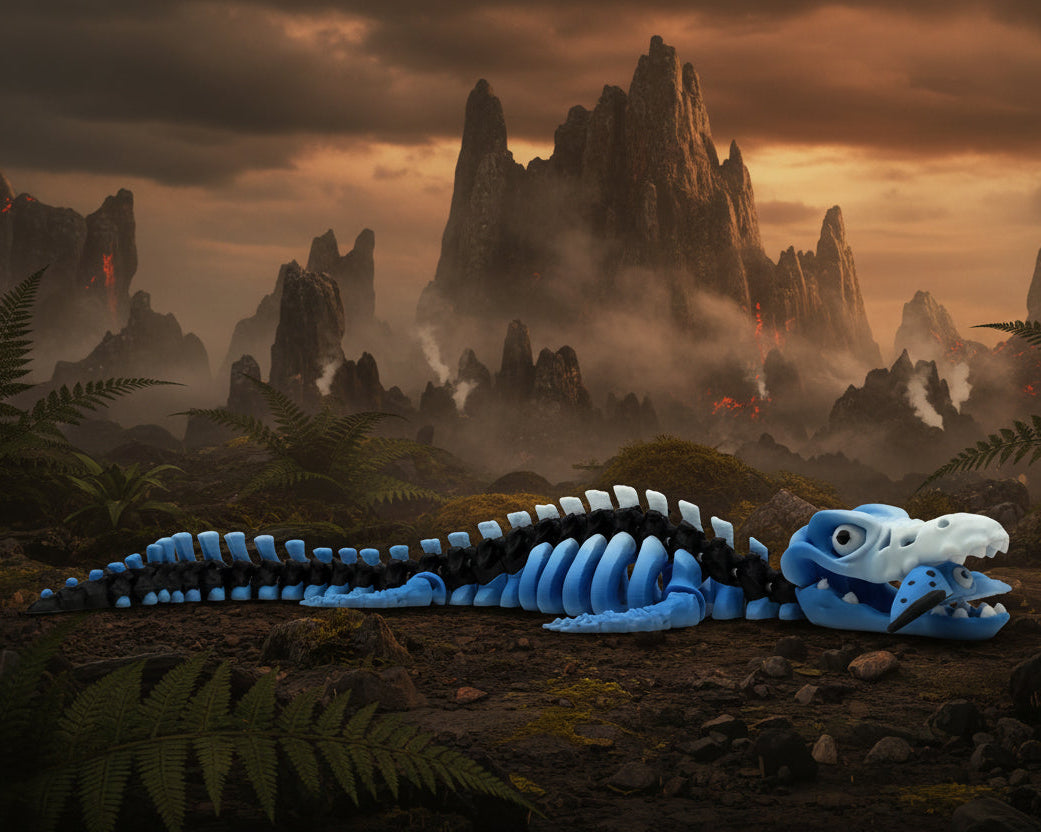 A 3D-printed articulated octopus toy with a blue and black segmented body and a light blue skull head, shown on a neutral gray background.