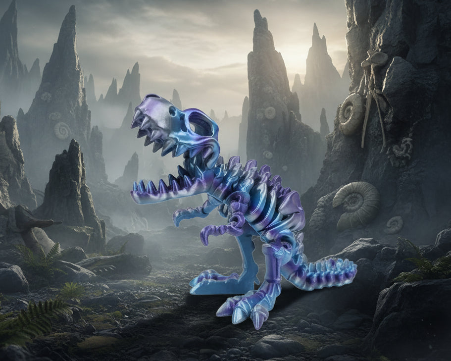 A 3D-printed articulated T-rex skeleton toy in a metallic blue and purple finish, displayed on a white desk with a blurred background.