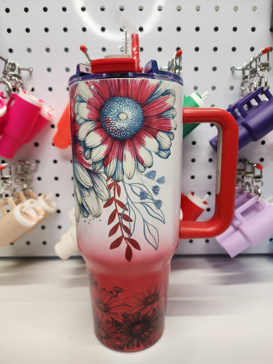 40 oz Red Ombre - Red, White and Blue Daisies - 4002