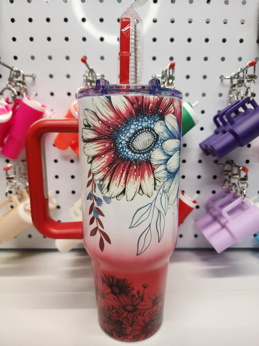 40 oz Red Ombre - Red, White and Blue Daisies - 4002