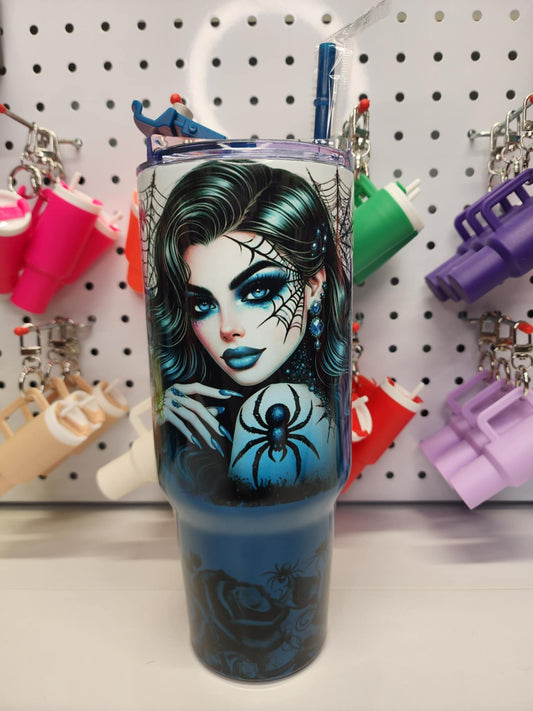 40 oz Blue Ombre -Roses/Spiders with Girl - 4007