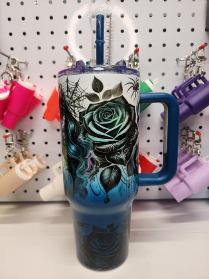 40 oz Blue Ombre -Roses/Spiders with Girl - 4007