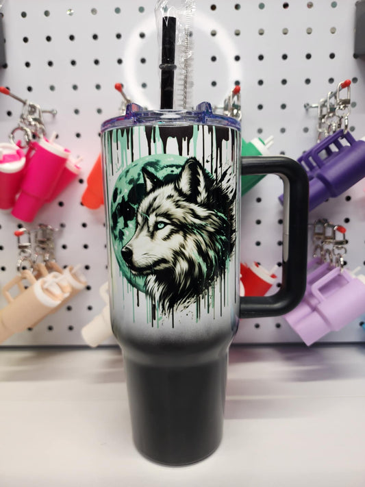 40 oz Black Ombre - Wolf and Teal moon - 4008