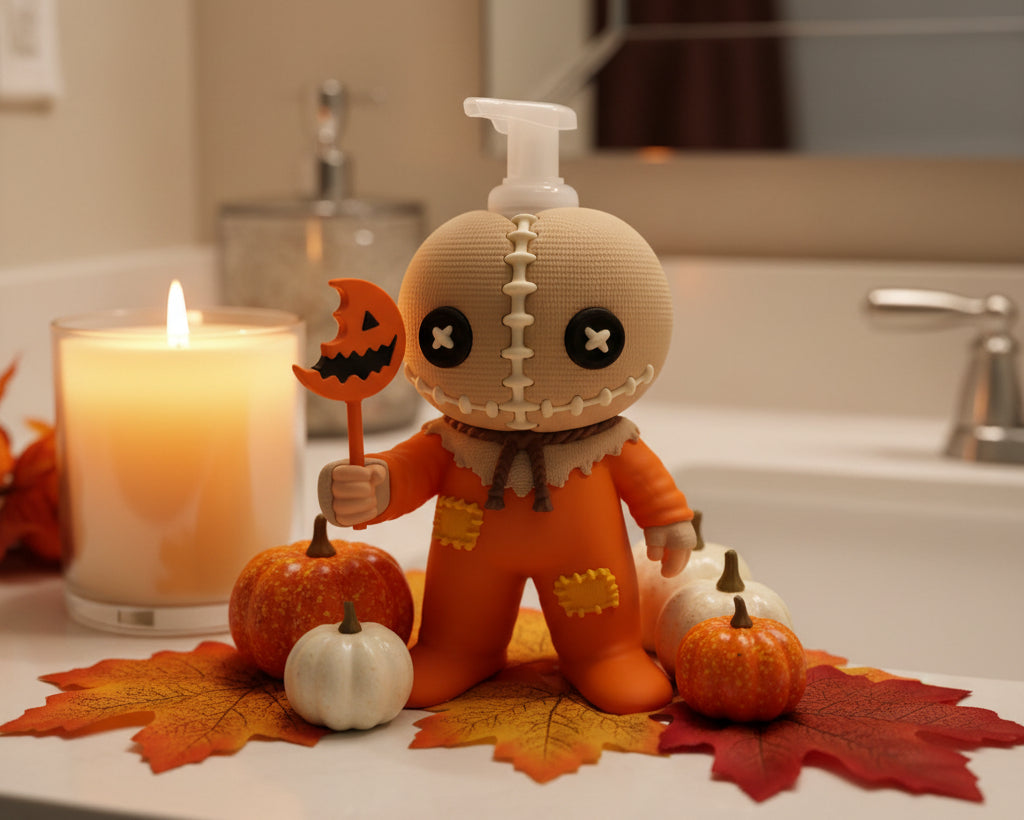 A small Halloween-themed novelty dispenser shaped like a stitched scarecrow figure in an orange jumpsuit, holding an orange jack-o'-lantern lollipop, photographed against a white studio backdrop.
