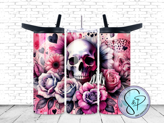 Skull with pink roses middle finger - 20 oz.