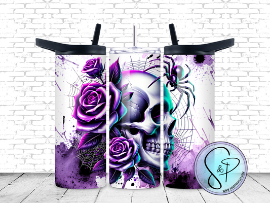 Skull with purple roses and spider w/ web - 20 oz.