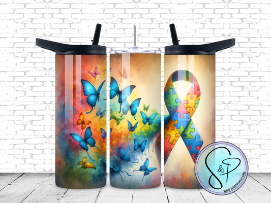 Autism Awareness Ribbons and Butterlies - 20 oz