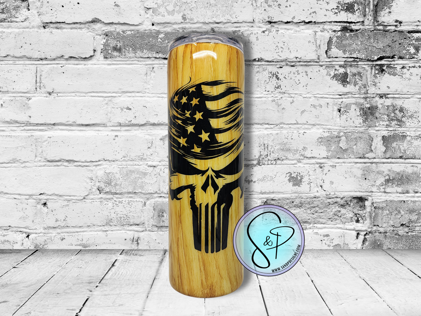 30 oz Epoxy - Punisher Skull Trump Hair American Flag light woodgrain- EP3004