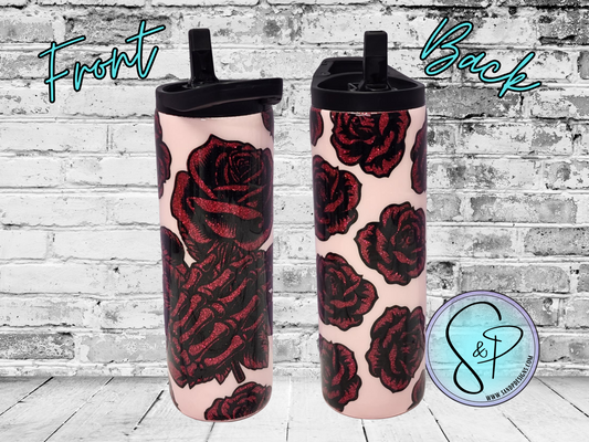 20 oz Epoxy -Skull hand with Roses Pink/Maroon