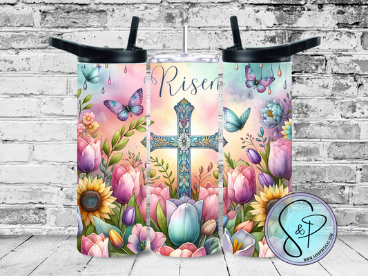 Risen cross with butterflies and tulips  - 20 oz