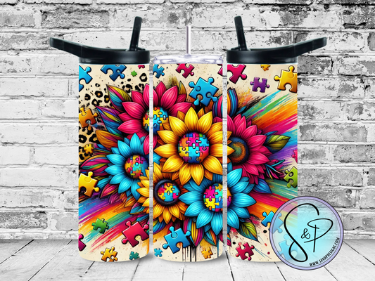 Autism Awareness - Flower Puzzle Pieces - 20 oz