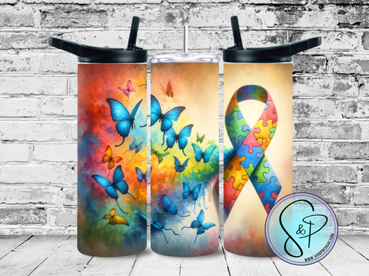 Autism Awareness Ribbons and Butterlies - 20 oz