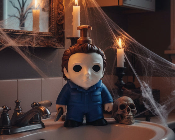 A Michael bath and body works soap holder figure from Infinity 3D Prints, featuring a white mask, brown hair, blue jumpsuit, and holding a knife, set against a dark textured background with promotional text.