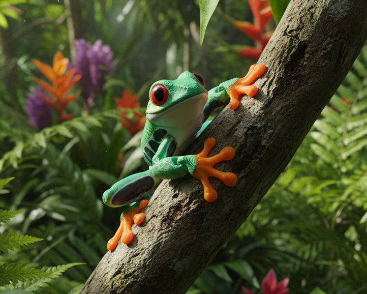 A realistic red-eyed tree frog toy or figurine clinging to a tree branch in a lush green jungle setting with tropical flowers.