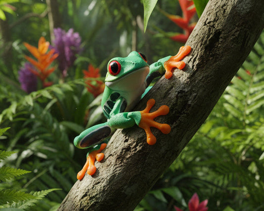 A realistic red-eyed tree frog toy or figurine clinging to a tree branch in a lush green jungle setting with tropical flowers.