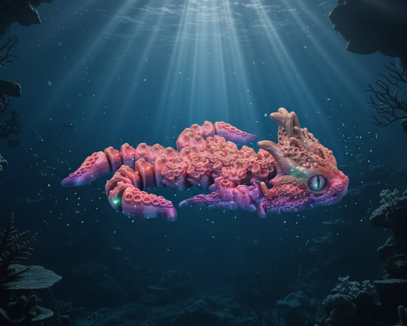 A 3D-printed articulated fantasy creature, resembling a dragon or monster, featuring a textured, coral-orange body that transitions into purple and magenta at the tail, claws, and head. The creature is displayed on a neutral light gray background.