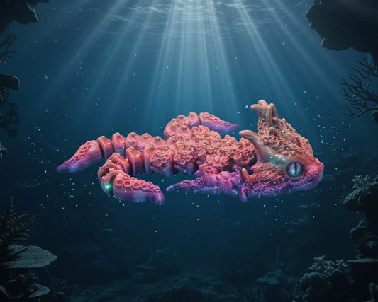 A 3D-printed articulated fantasy creature, resembling a dragon or monster, featuring a textured, coral-orange body that transitions into purple and magenta at the tail, claws, and head. The creature is displayed on a neutral light gray background.