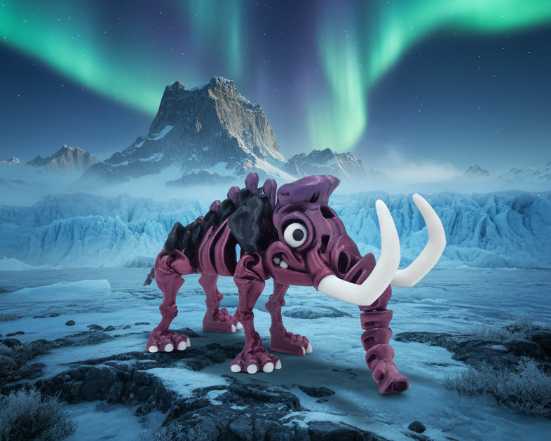 A small articulated toy mammoth or rhino-like creature with a purple and dark red body, large white tusks, and a black back section, photographed on a plain light gray studio background.