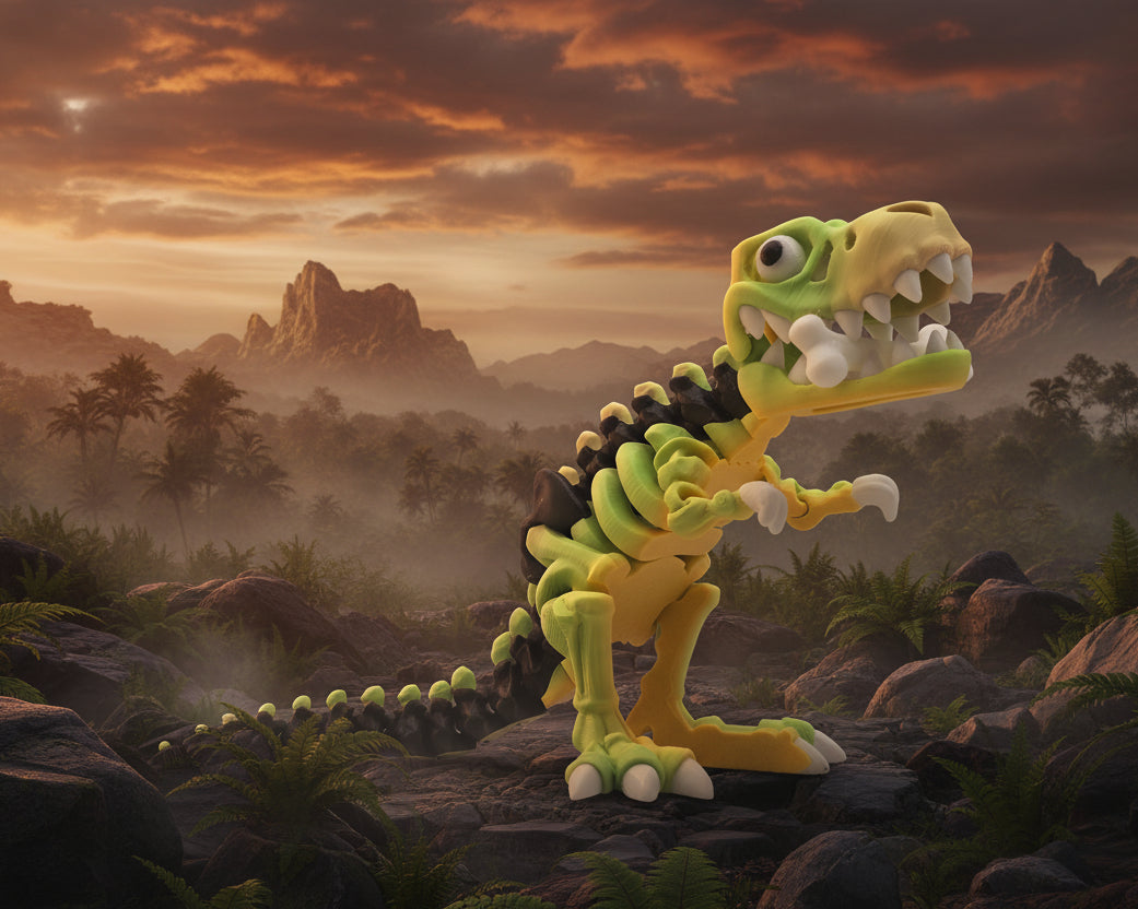 A 3D-printed articulated dinosaur toy, specifically a T-rex hybrid with a green and yellow body, black spikes along its back, and white teeth, shown against a plain gray background.