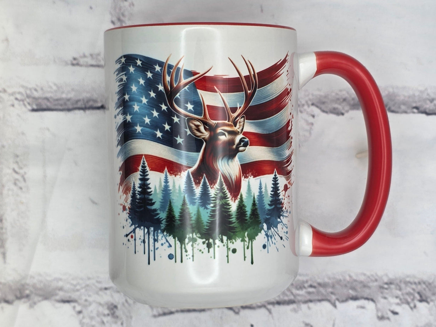 American Flag with Buck and Pine Trees (Red) - 15 oz MUG