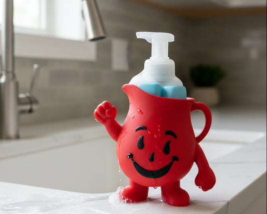 A red character-shaped pump bottle with a white pump and blue soap dispenser inside, featuring a black smiling face and raised fist, set against a white studio backdrop.