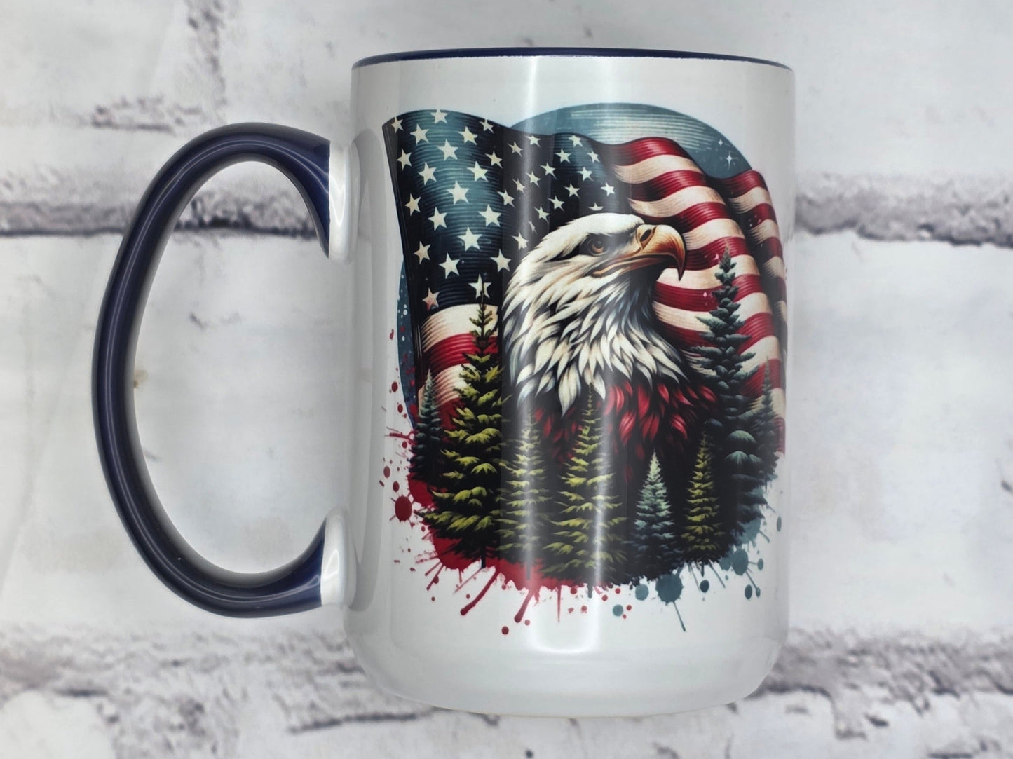 American Flag with Eagle and pine trees (Black) - 15 oz MUG