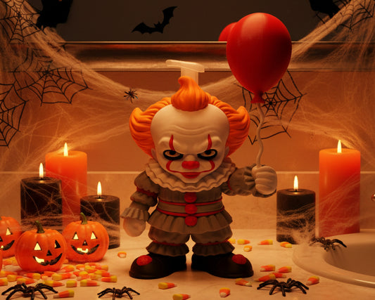 A stylized Penny the Clown collectible figure with orange hair, a white ruffled collar, a gray and red outfit, and black shoes, holding a red balloon against a white studio backdrop.