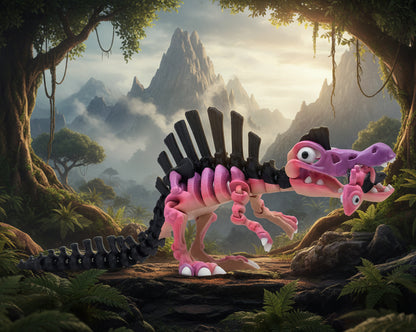 A 3D-printed articulated dinosaur skeleton toy, featuring a pink and beige body with a black spiked back and a purple skull, shown on a light gray background.