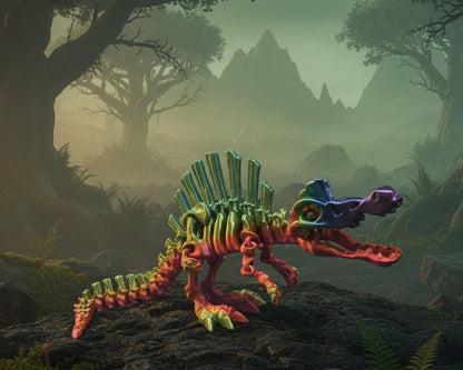 A 3D-printed articulated dinosaur skeleton toy with a rainbow gradient