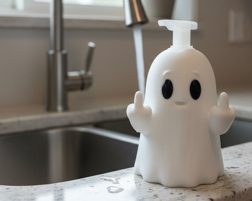 A white ghost-shaped pump bottle with a cute cartoon face and raised middle fingers, shown against a plain light gray background.