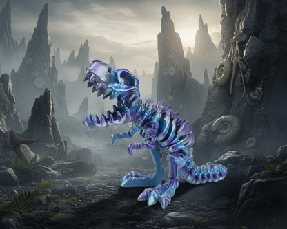 A 3D-printed articulated T-rex skeleton toy in a metallic blue and purple finish, displayed on a white desk with a blurred background.